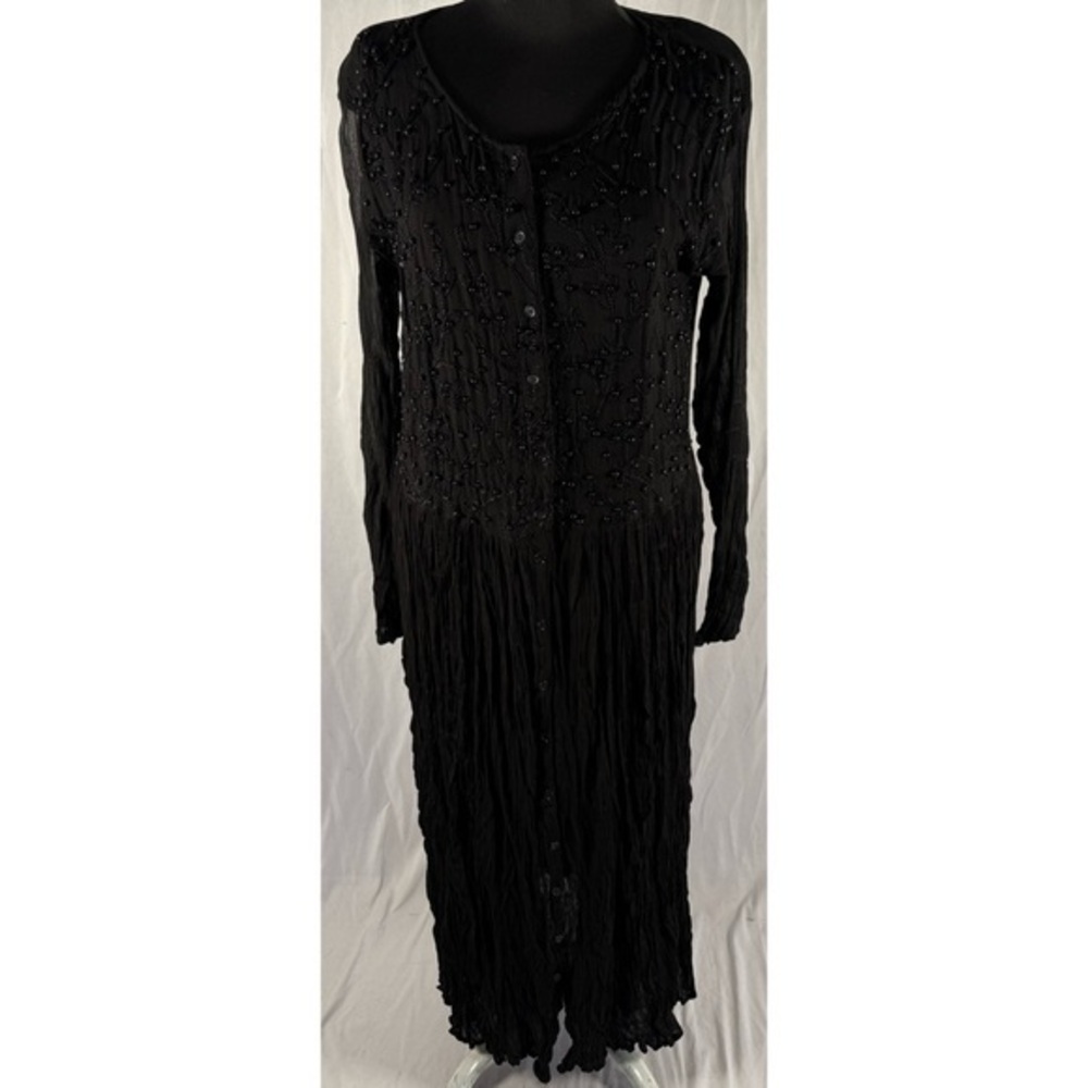 90’s Vintage ‘Jaklin’ Monochrome Beaded Long Sleeve Black Button-Down Maxi Dress